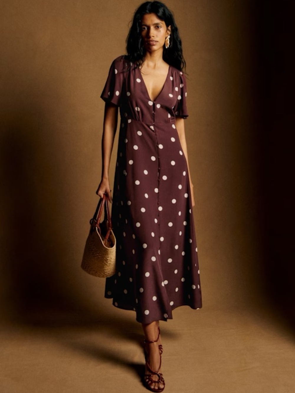 Sezane Solia Ecru Polka Dot on Chocolate Print Dress